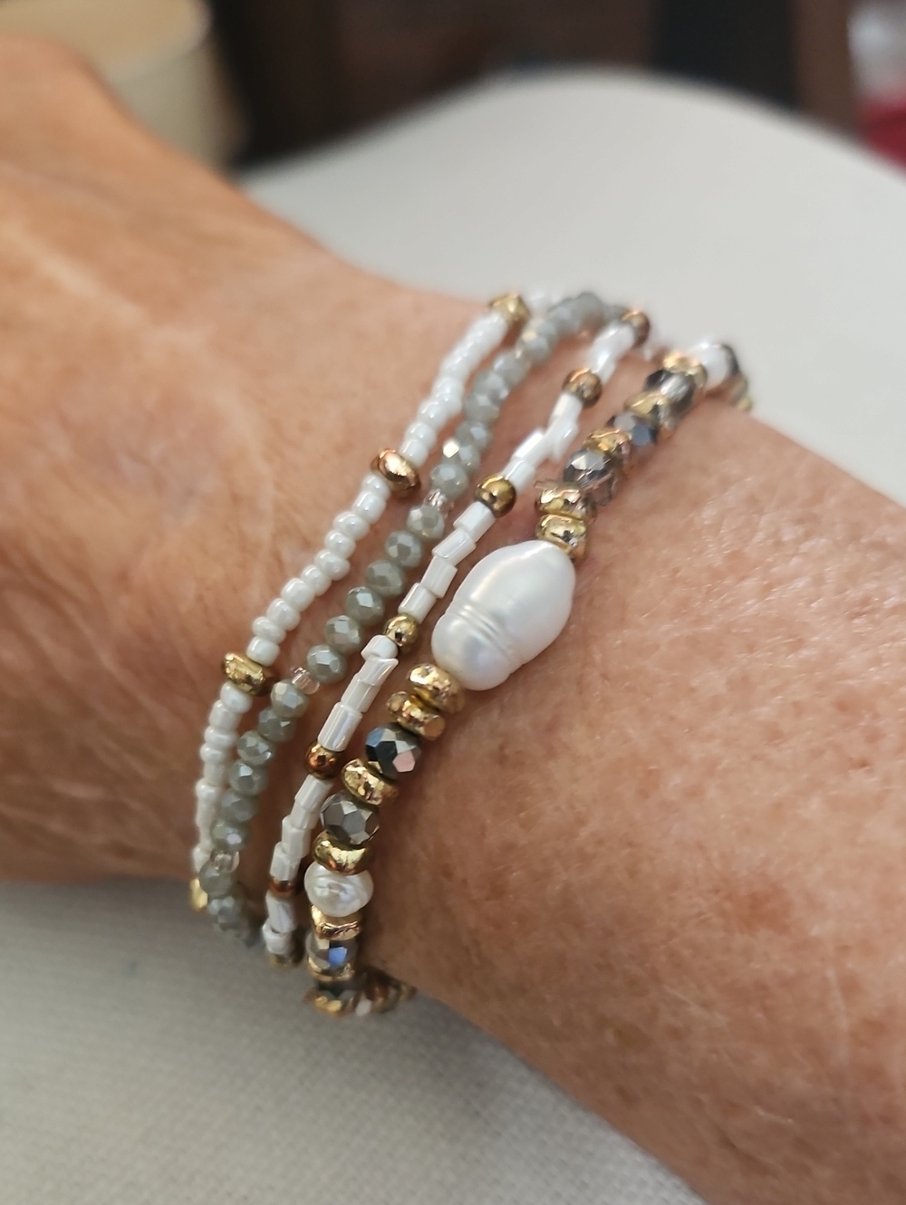 Delicate White Pearl & Gold Beaded Stretch Multi Strand Bracelet - Women Jewelry